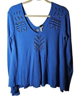 Free People Shirt Womens Size XS Blue Long Sleeve Boho Thermal Oversized Tunic